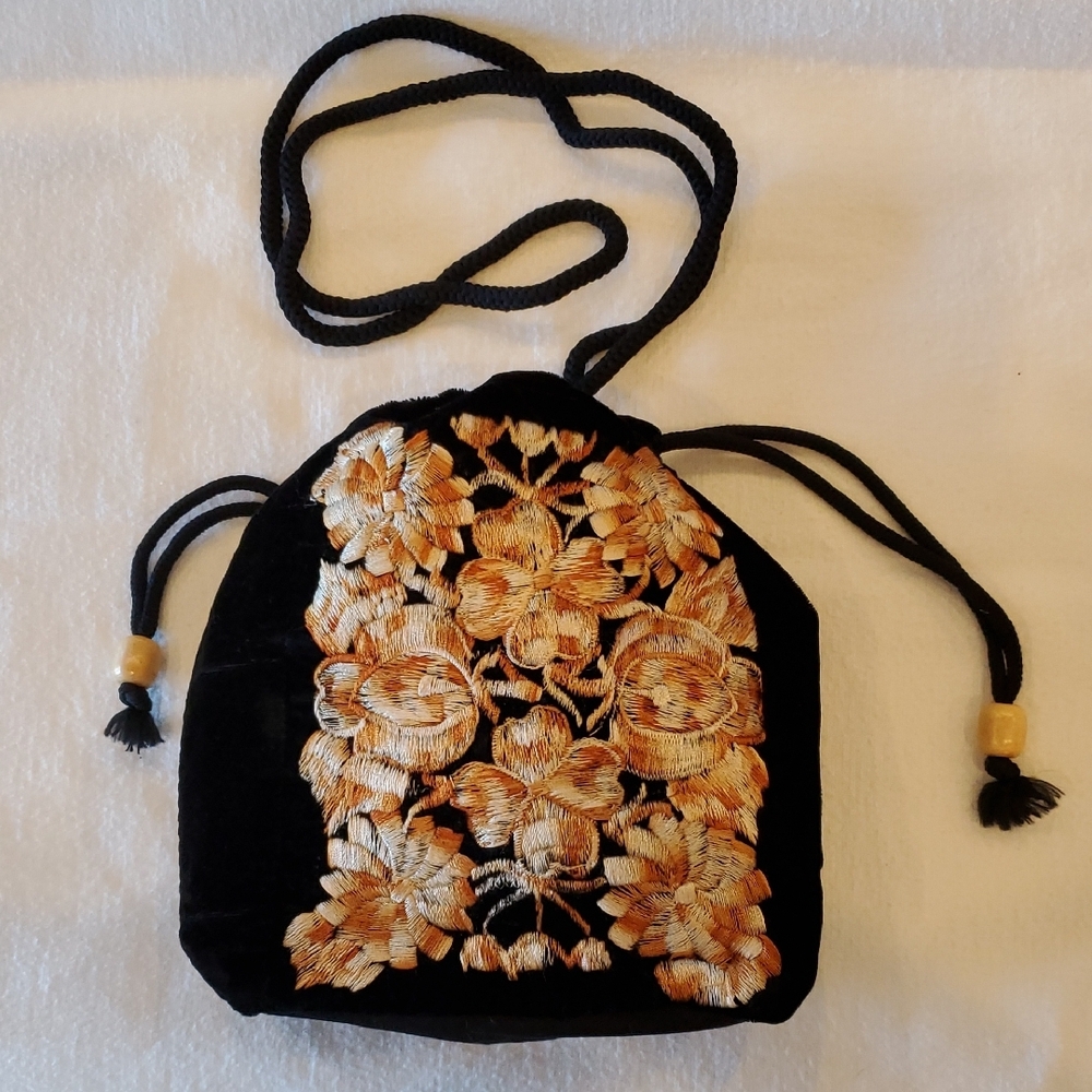 Black Velvet Vintage Floral Embroidered Bag Soft